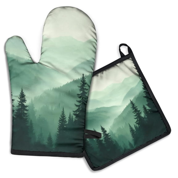 Misty Forest Landscape Kitchen Oven Mitt and Pot Holder Sets 2 Pcs for Baking, Cooking and Grilling, Heat Resistant Up To 392 °F