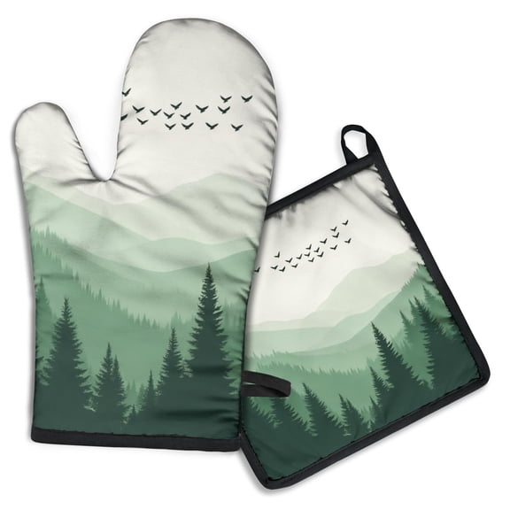 Misty Forest Landscape Kitchen Oven Mitt and Pot Holder Sets 2 Pcs for Baking, Cooking and Grilling, Heat Resistant Up To 392 °F