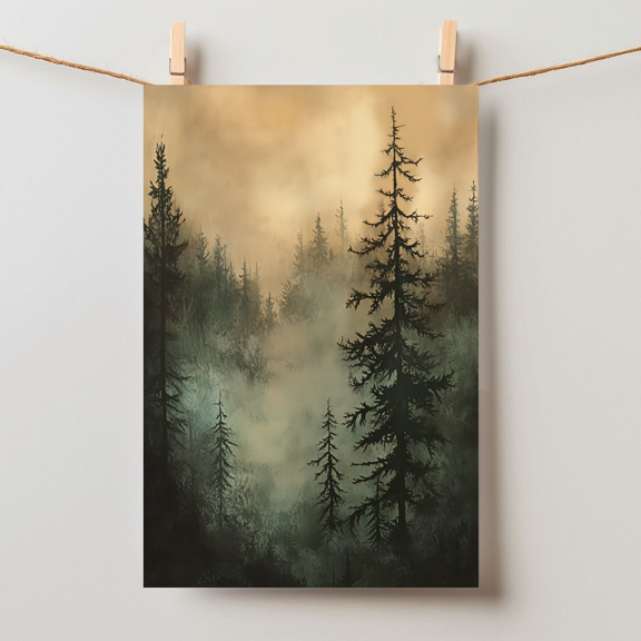 Misty Forest Landscape Moody Woodland Nature Tranquil Pine Trees Wall Art, Unframed Paper Poster 24x36in