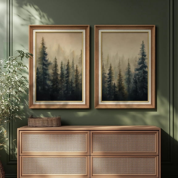 Misty Forest Landscape Wall Art Prints Tranquil Evergreen Pine Tree Paintings in Soft Fog Living Room or Bedroom Decor Set 2