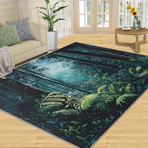 Misty Forest Living Room Area Rug, Rainforest Rugs for Bedroom, Plant Carpet, Soft & Non Slip & Washable Rugs 3 x 4ft