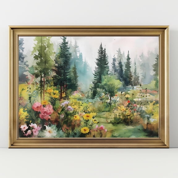 Misty Forest Meadow Wall Art Watercolor Wildflower Landscape Poster Peaceful Nature Woodland Decor, Poster Only