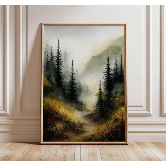 Misty Forest Mountain Landscape Nature Woodland Foggy Pine Trees, Stretched Canvas 12x16in
