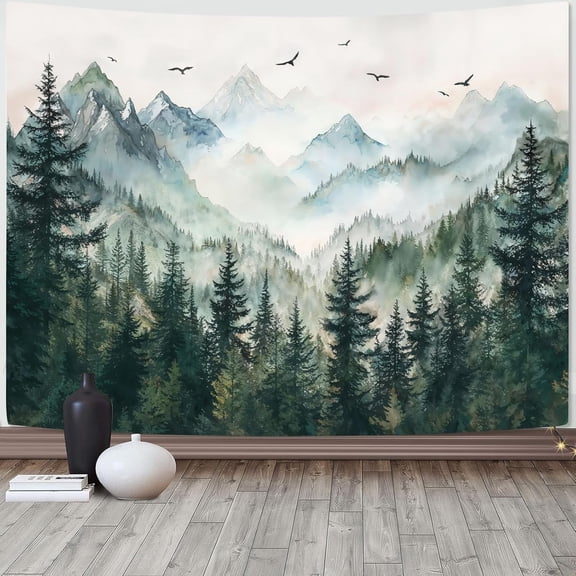 Misty Forest Mountain Tapestry Sage Green Nature Pine Tree Tapestry for Bedroom Aesthetic Watercolor Foggy Woodlands Birds Landscape Tapestries Wall Hanging for Living Room Dorm 48 x 36 Inch
