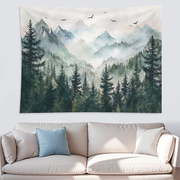 Misty Forest Mountain Tapestry Sage Green Nature Pine Tree Tapestry for Bedroom Aesthetic Watercolor Foggy Woodlands Birds Landscape Tapestries Wall Hanging for Living Room Dorm 80 x 60 Inch
