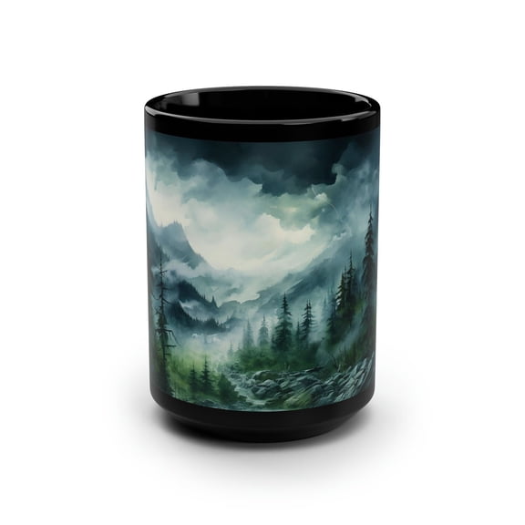 Misty Forest Mug: Black Nature Coffee Cup, Rustic Cabin Decor