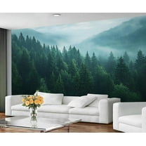 Misty Forest Mural - Forest Mountain Wall Paintings Wallpaper, Pine Tree 3D Wall Mural For Living Room Bedroom, Landscape Murals 59"W x 39.4"H (Not Peel and Stick)
