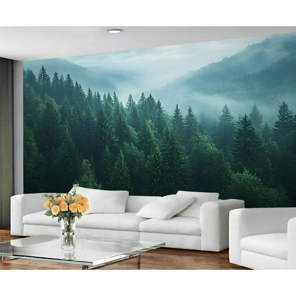 Misty Forest Mural - Forest Mountain Wall Paintings Wallpaper, Pine Tree 3D Wall Mural For Living Room Bedroom, Landscape Murals 59"W x 39.4"H (Not Peel and Stick)