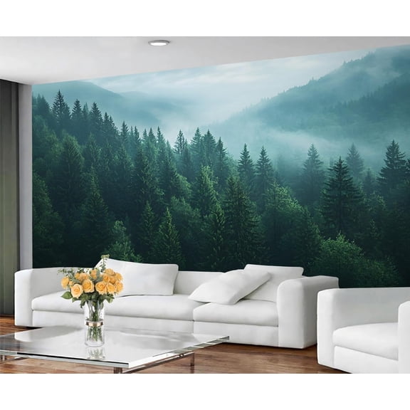 Misty Forest Mural - Forest Mountain Wall Paintings Wallpaper, Pine Tree 3D Wall Mural For Living Room Bedroom, Landscape Murals 98.4"W x 68.9"H (Not Peel and Stick)