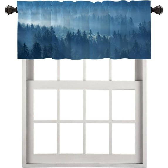 Misty Forest Mystical Kitchen Valances for Windows,Mountain Pine Fog Fantasy Fairy Valances Curtains Multilayer Polyester Drapes for Kitchen Bedroom 1 Pack 52X18 Inches