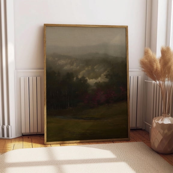 Misty Forest Oil Painting, Moody Woodland Wall Art, Vintage Foggy Landscape Poster, Dark Green Nature Decor, Antique Pine Tree Print, Art, Unfreamed 8x12