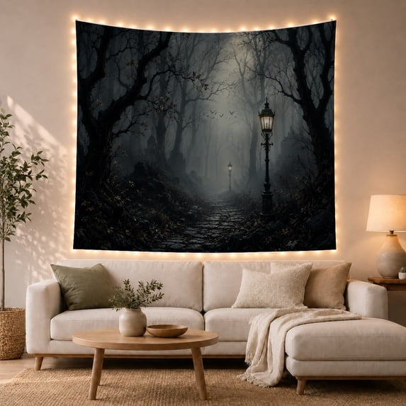 Misty Forest Path with Glowing Street Lamps Moody Gothic for Nature Lovers Forest Wall Art Halloween Gift Tapestry Wall Hanging for Bedroom and Living Room