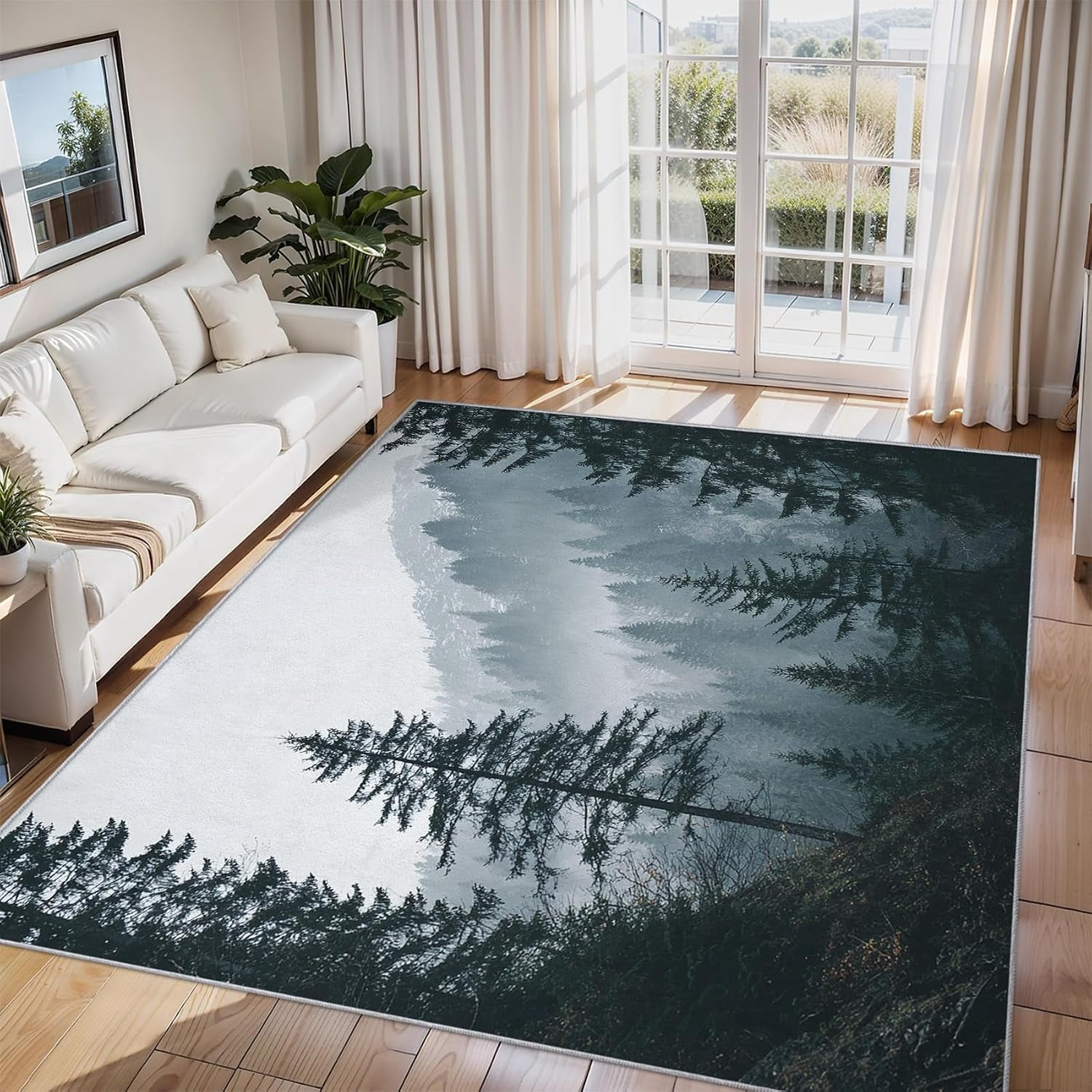 Pine Rugs Misty Forest Pine Tree Area Rugs, Natural Landscape Carpet, Washable ...