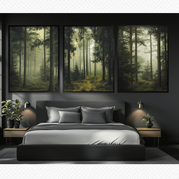 Misty Forest Pine Tree Green Landscape Poster Set 3 Prints Set 3 , Poster Only