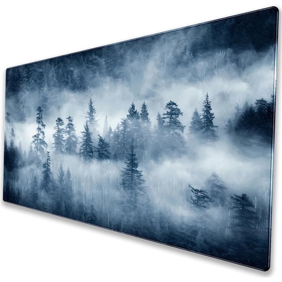Misty Forest Pine Trees Desk Mat XL Extended Gaming Mouse Pad mysterious foggy pine forest with misty mountain clouds, blue winter landscape art print. 31.5" × 11.8"