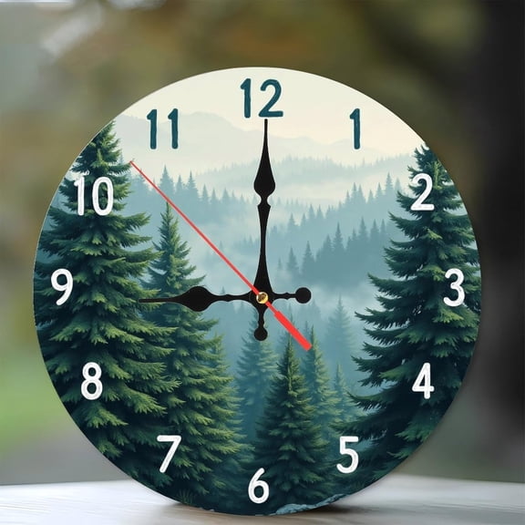 Misty Forest Pine Trees Wall Clock Wall Clock Battery Operated 10 Inch,Frameless Wooden Wall Clocks with Silent Quartz Movement,Clocks Decorative for Bathroom Kitchen Living Room Bedroom