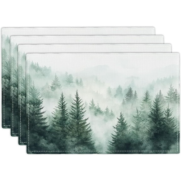 Misty Forest Placemats Set of 4, Green Tree Landscape Place Mats, Rustic Mountain Dining Table Mats, Washable Placemats for Kitchen Dining Room 18L'' × 12W''