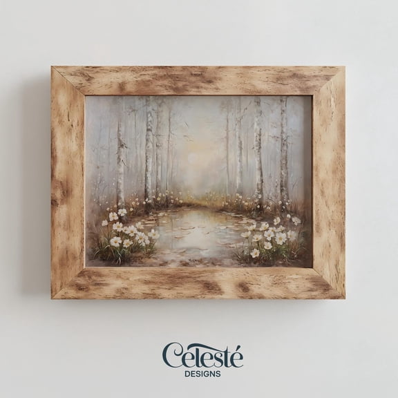 Misty Forest Pond Print, Birch Tree, White Flowers Home Decor #813, 24x36 UNFRAMED