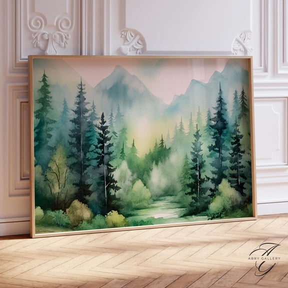 Misty Forest Poster: Green Mountain Landscape Wall Art, F031, Unframed Poster Size 16x24