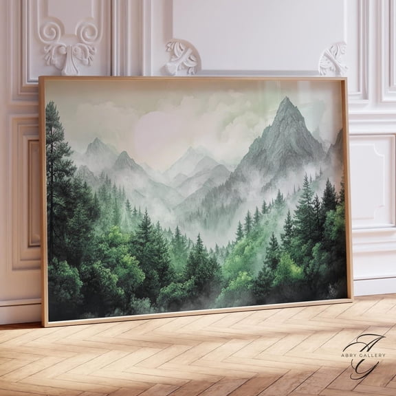 Misty Forest Poster: Green Mountain Landscape Wall Art,, Stretched Canvas 8x10in