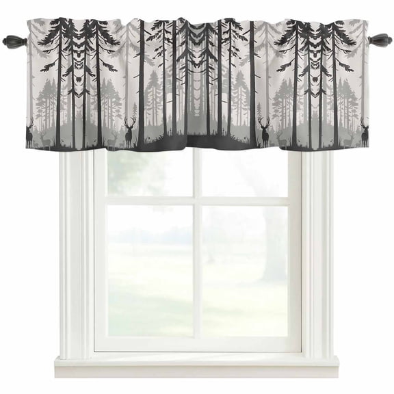 Misty Forest Rod Pocket Curtain Valance, Pine Trees Elk Vintage Pastoral Gray Farmhouse Window Valance for Living Room, Bedroom, Kitchen 54"W x 18"L