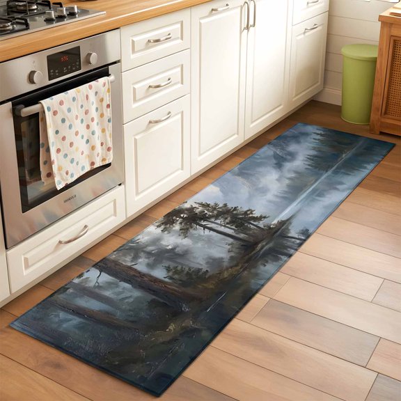 Misty Forest Runner Rug Non Slip 2x6 Rustic Sage Green Pine Trees Foggy Gray Lake Mountain Washable Rug Runner for Hallways Low Pile Kitchen Rugs Stain Resist Carpet for Bathroom Bedroom Entryway