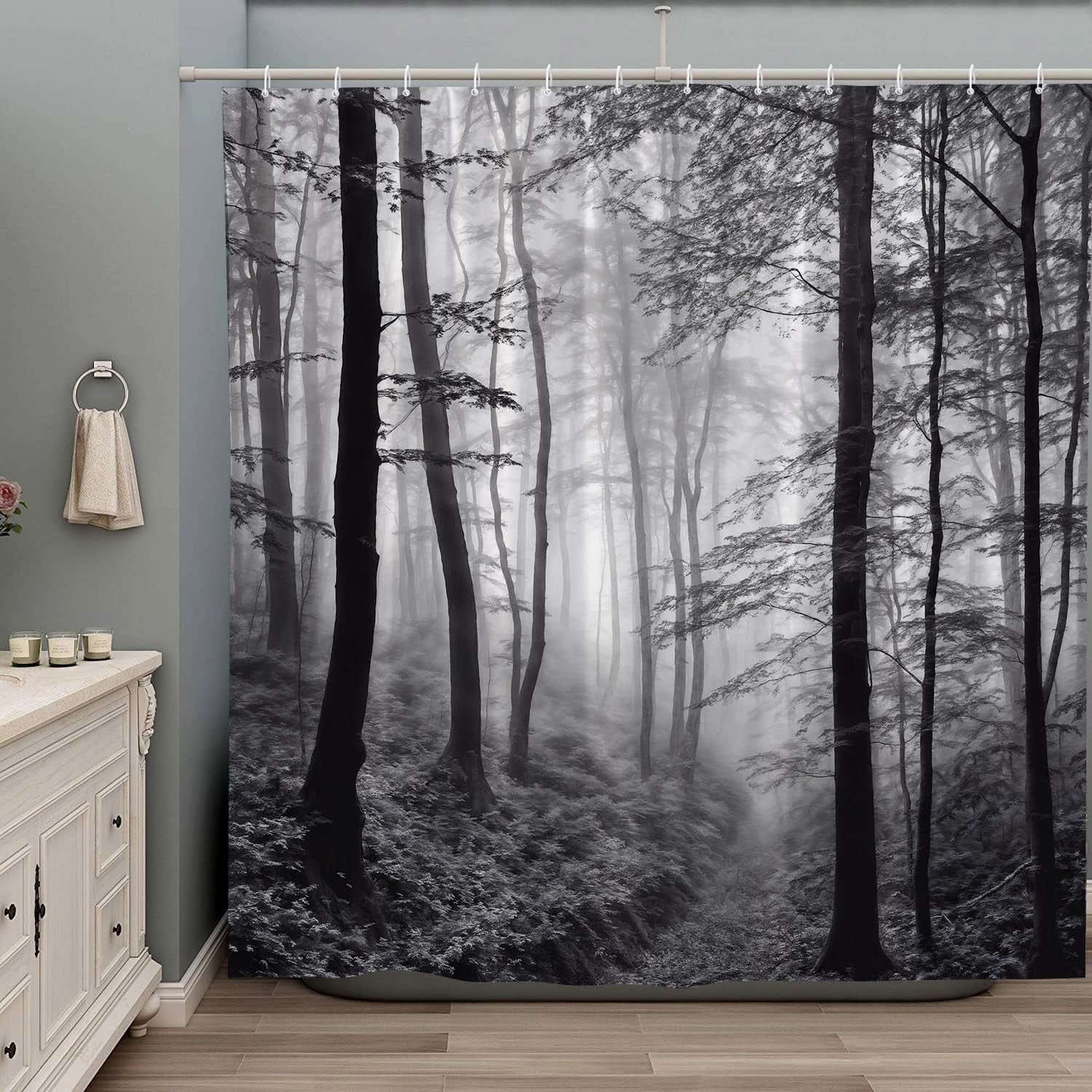 Misty Forest Shower Curtain Black White Foggy Nature Landscape Grey Fantasy Fog Tree Rustic Farmhouse Outdoor Bath Curtain with Hook 70Wx70H Inch