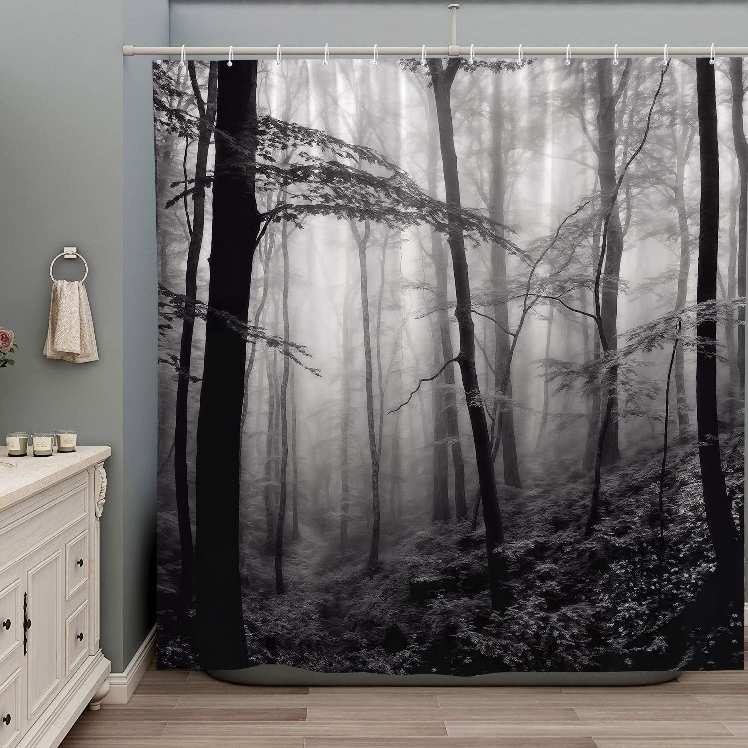 Misty Forest Shower Curtain Black White Foggy Nature Landscape Grey Fantasy Fog Tree Rustic Farmhouse Outdoor Bath Curtains with Hooks 70Wx70H Inch