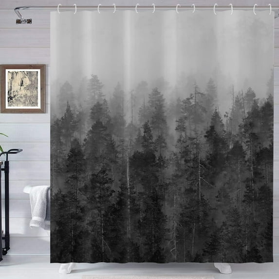 Misty Forest Shower Curtain, Black and White Pine Tree Foggy Forest Nature Woodland Landscape Bathroom Curtains Bathtub Decor Waterproof Fabric Machine Washable with 12 Hooks