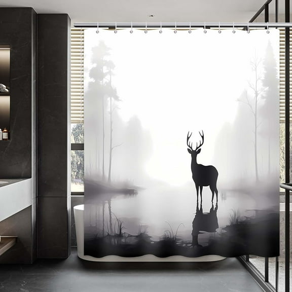 Misty Forest Shower Curtain, Deer Shower Curtain, Black and White Silhouette Shower Curtain Set Waterproof Bath Curtain Bathroom Decor with 12 Hooks, 72x72 inches