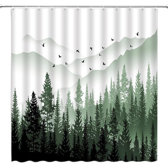 Misty Forest Shower Curtain Green Pine Tree Nature Scenery Watercolor Foggy Mountain Landscape Abstract Jungle Rustic Bath Curtain with Hooks