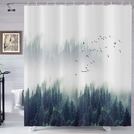 Misty Forest Shower Curtain, Green Pine Tree Wild Goose Foggy Forest Nature Woodland Landscape Bathroom Curtains Bathtub Decor Waterproof Fabric Machine Washable with 12 Hooks