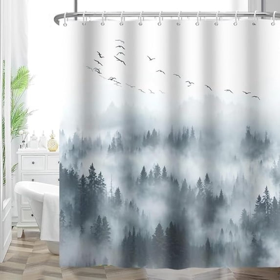 Misty Forest Shower Curtain Mountain Fog Woodland Dark Green Shower Curtains For Bathroom Decor Rustic Pine Tree Nature Bath Curtain Fabric Washable With 12 Hooks 48"W x 72"L