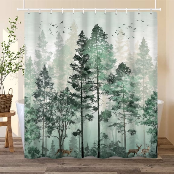 Misty Forest Shower Curtain Nature Animal Deer Bath Curtain for Bathroom Decor with Hooks 72x72 in