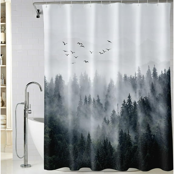 Misty Forest Shower Curtain, Nature Mountain Woodland Bathroom Shower Curtains, Waterproof Fabric Shower Curtains, 72 x 72 Inch