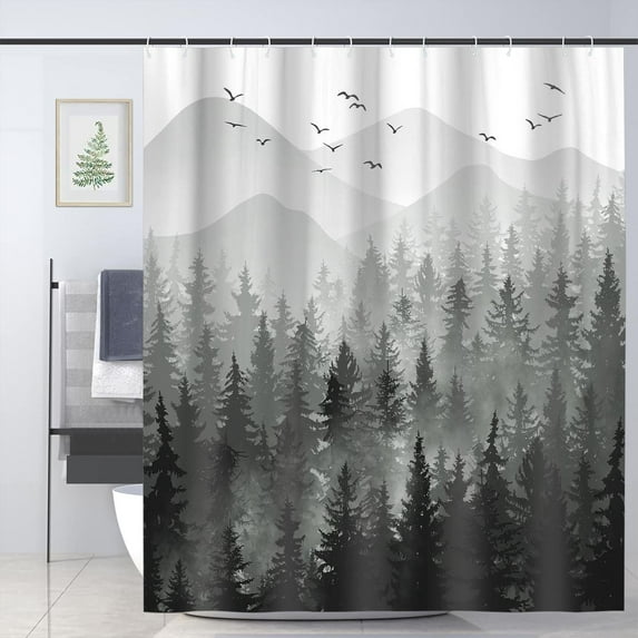 Misty Forest Shower Curtain Set Nature Tree Mountain Woodland Decorative Bathroom Bath Curtain Decor 72" x 72" with 12 Hooks