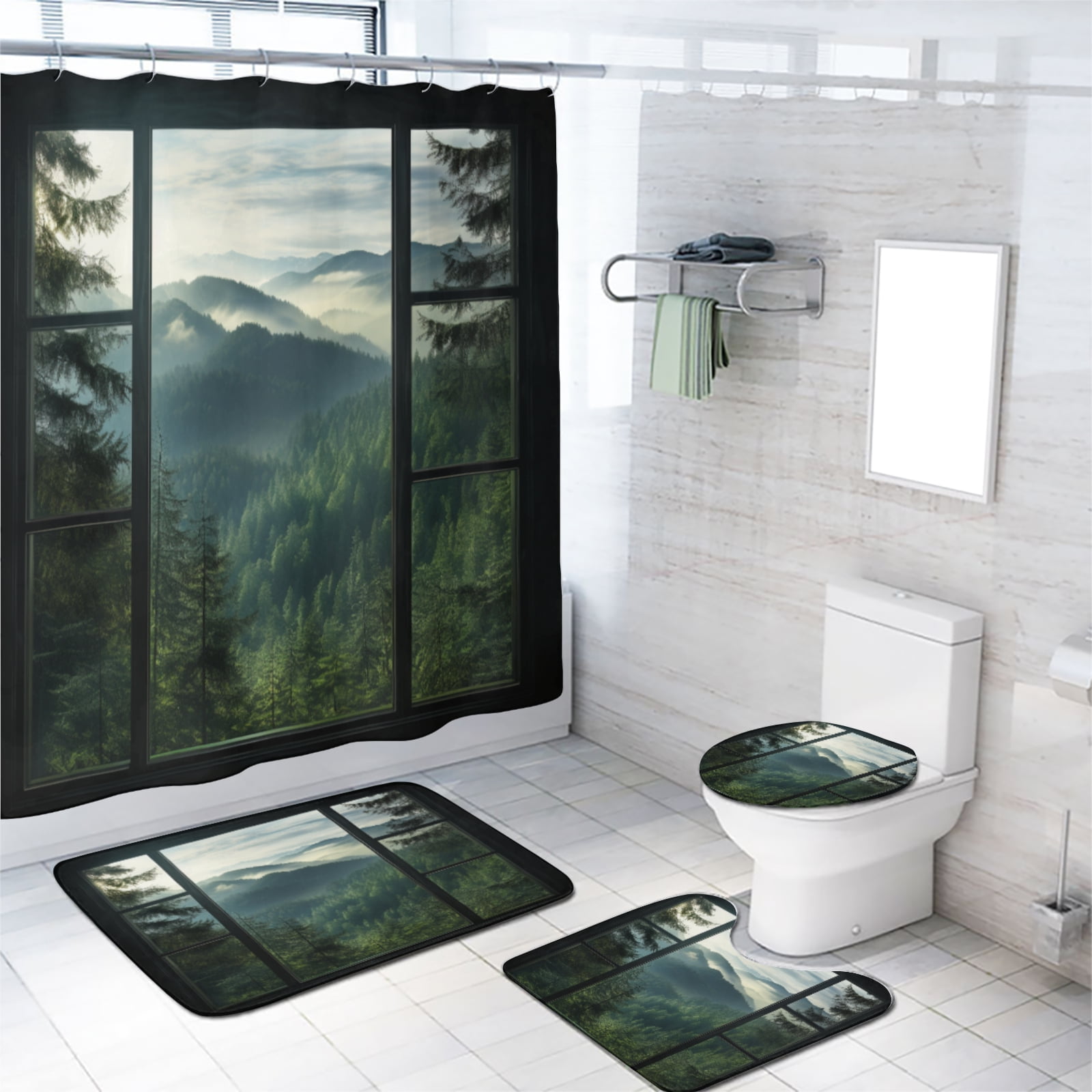 Misty Forest Shower Curtain Set Rustic Wooden Window Forest Mountain Scenery with Non-Slip Rugs, Toilet Lid Cover and Bath Mat, Durable and Waterproof, for Bathroom Decor Set, 72x72 Inch