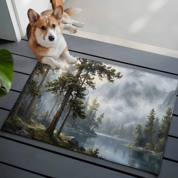 Misty Forest Small Area Rugs 2x3 Rustic Sage Green Pine Trees Foggy Gray Lake Entryway Rugs Washable Door Mat, Low-Profile Area Rugs Non Slip Floor Carpet for Living Room Bedroom Home Office