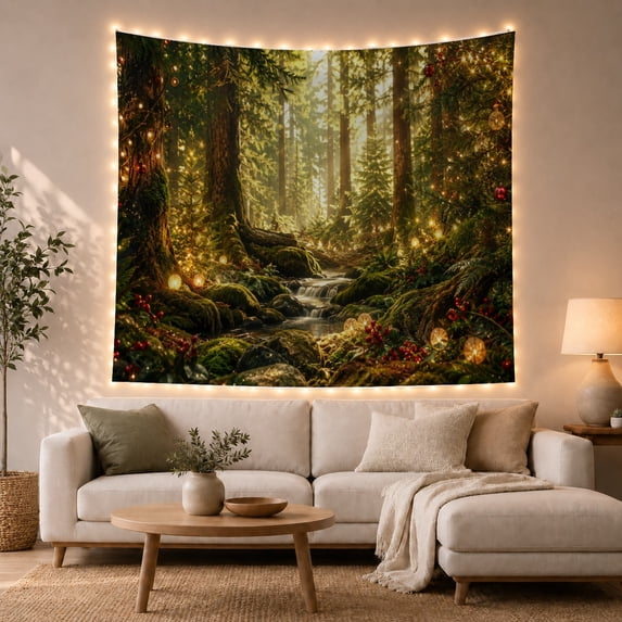 Misty Forest Stream With Glowing Fairy Lights in Mossy Woodland, Mystical Fantasy for Nature Lovers, Woodland Scene Wall Art, Housewarming Gift, Tapestry Wall Hanging for Bedroom and Living Room