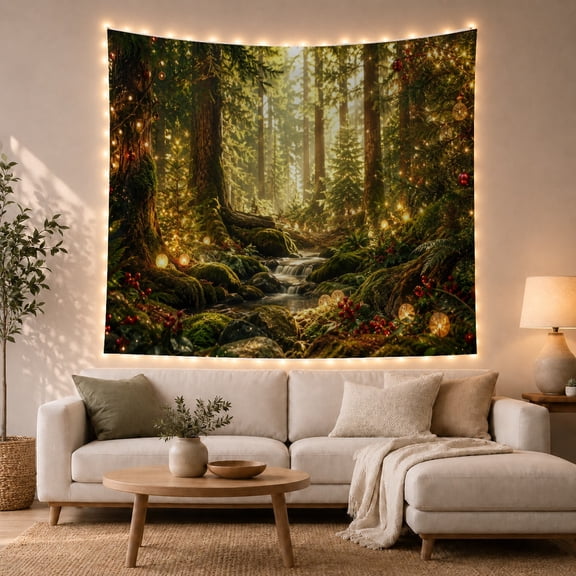 Misty Forest Stream With Glowing Fairy Lights in Mossy Woodland, Mystical Fantasy for Nature Lovers, Woodland Scene Wall Art, Housewarming Gift, Tapestry Wall Hanging for Bedroom and Living Room