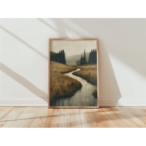 Misty Forest Stream Landscape Rustic Meadow Golden Brown Dark Green Poster Unframed Paper Print