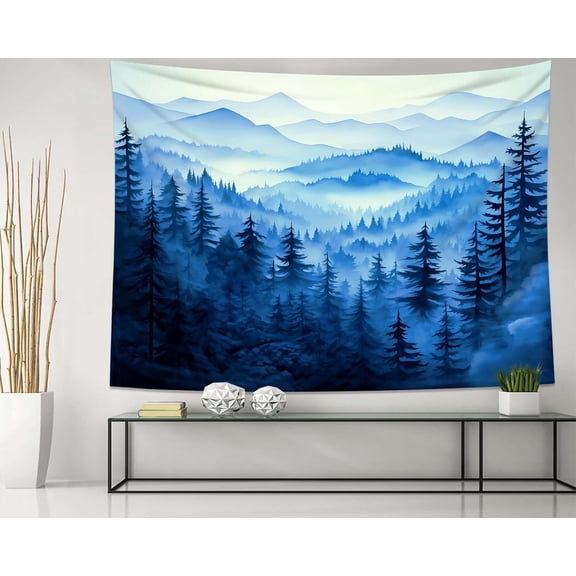 Misty Forest Tapestry, Nature Mountain Tapestry Wall Hanging Watercolor Landscape Wall Tapestries for Bedroom Aesthetic Men Living Room Dark Blue Wall Art Home Decor Gift (59.1"x51.2")