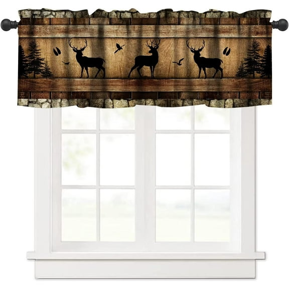 Misty Forest Valance Curtain, Rustic Farmhouse Pine Tree Landscape Country Woodland Deer Print Blackout Short Window Drape for Kitchen Living Room Bedroom, 54x18inch
