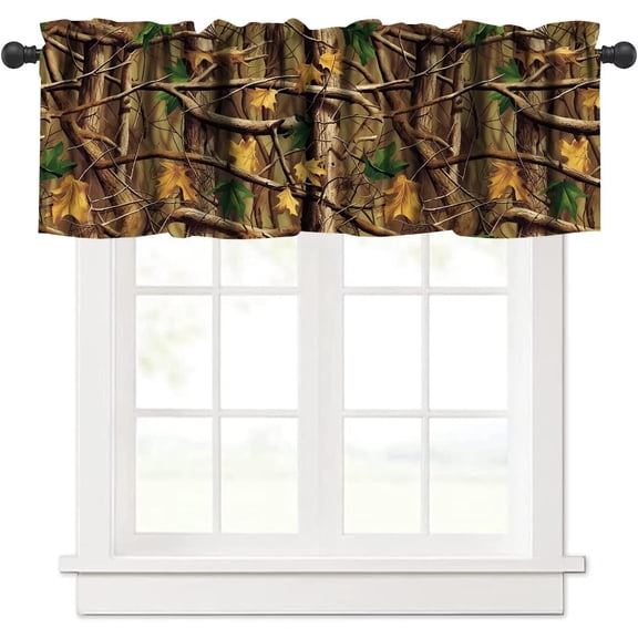 Misty Forest Valance Curtain, Rustic Farmhouse Pine Tree Landscape Country Woodland Deer Print Blackout Short Window Drape for Kitchen Living Room Bedroom, 54x18inch