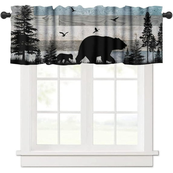 Misty Forest Valance Curtain, Rustic Farmhouse Pine Tree Landscape Country Woodland Deer Print Blackout Short Window Drape for Kitchen Living Room Bedroom, 54x18inch