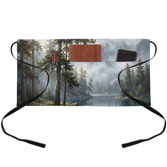 Misty Forest Waitress Apron with 3 Pockets, Pine Trees Landscape Foggy Gray Server Aprons Waterproof Kitchen Restaurant Half Waist Apron for Men Women