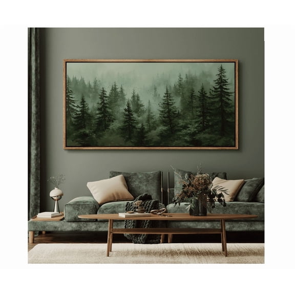 Misty Forest Wall Art Dark Green Pine Tree Poster Nature Landscape Painting For Living Room Or Cabin Rustic Decor