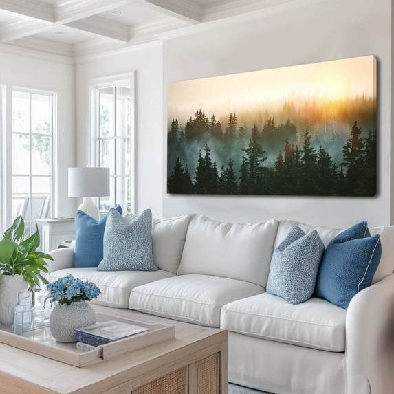 Misty Forest Wall Decor Black Tree Painting Sunlight Scenery Wall Art 24x48 Inch Framed Canvas Prints for Dining Room Office Bedroom