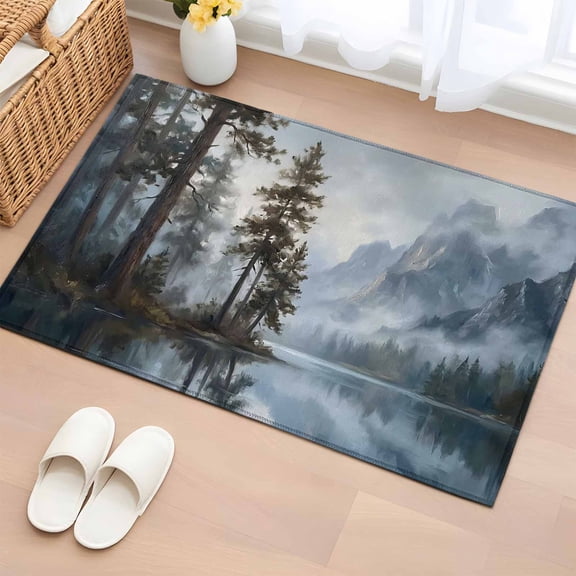 Misty Forest Washable Area Rug 2 x 3 ft Rustic Sage Green Pine Trees Foggy Gray Lake Mountain , Soft Non Slip Rugs Stain Repellent Indoor Felt Carpet for Living Dining Room Bedroom Home Office