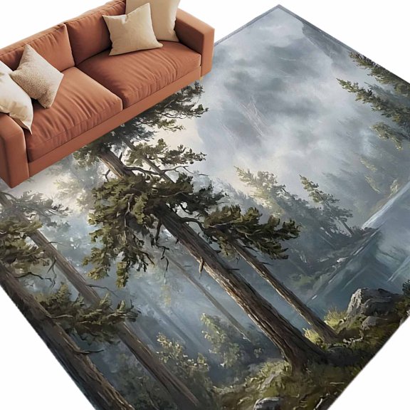 Misty Forest Washable Living Room Rugs 9'x12', Rustic Sage Green Pine Trees Foggy Gray Lake Low Pile Throw Large Area Rug Non-Slip Sturdy Edge Binding Carpet for Bedroom Dining Room Office